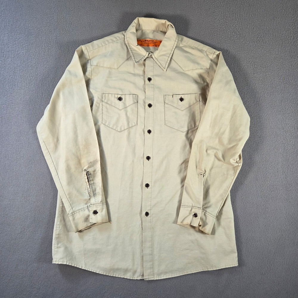 Vintage Workwear Shirt Mens Large Khaki Long Sleeve Mechanic Union Made USA